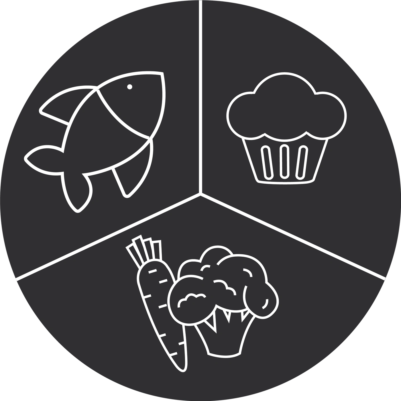 Circle with fish, muffin, carrot and broccoli, nutrition concept, healthy food