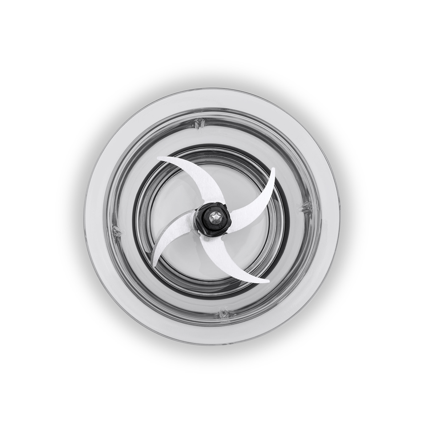 Close-up of a transparent blender with blades on a white background