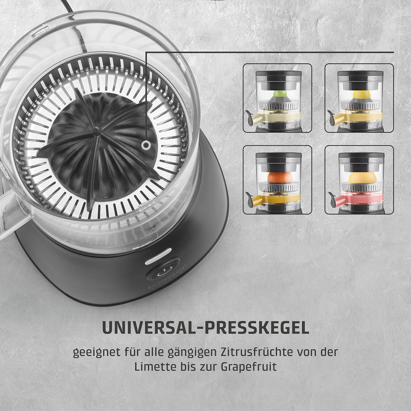 Zitruspresse mit Text: Universal-Presskegel, geeignet für Zitrusfrüchte.