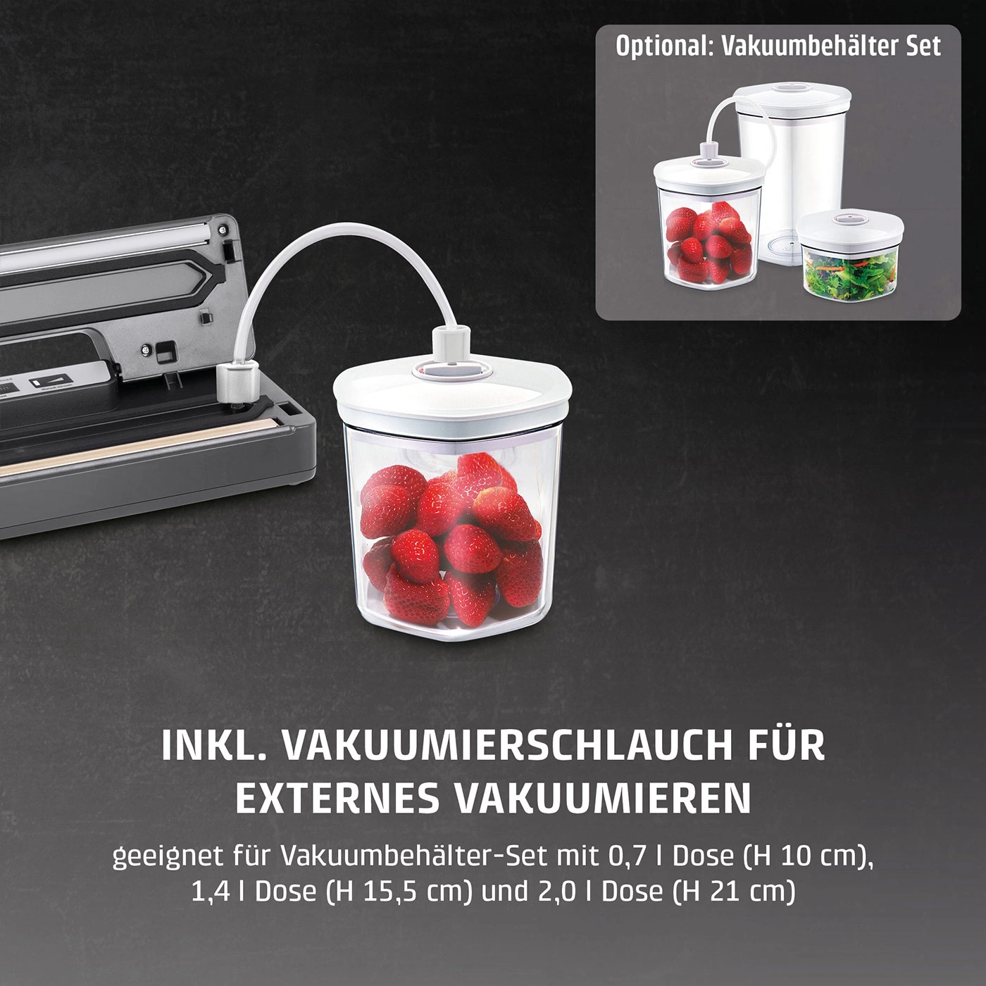 Vakuumiergerät mit Schlauch und Behältern für Obst und Gemüse