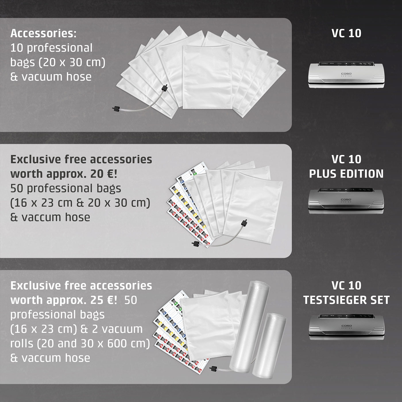 Vacuum sealer accessory sets: VC 10, Plus Edition, Testsieger Set with bags and hoses.