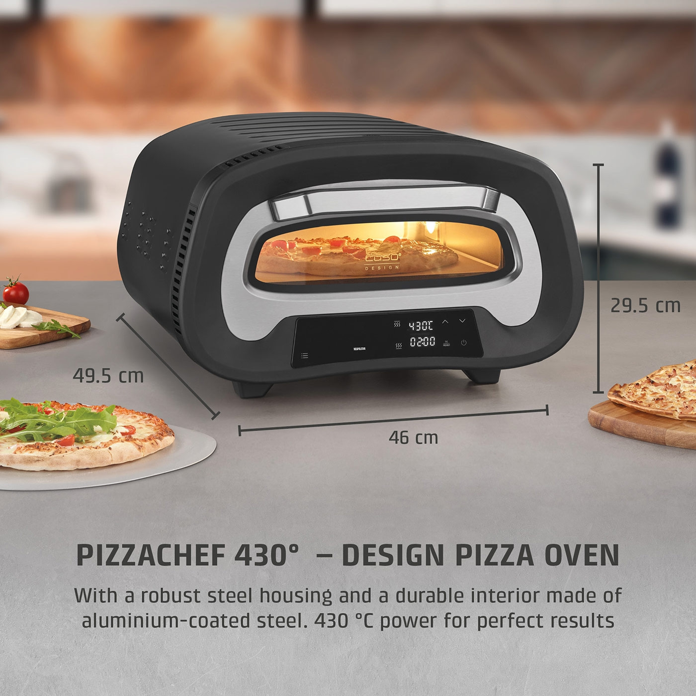 Pizza oven with dimensions, temperature display, and pizza inside.