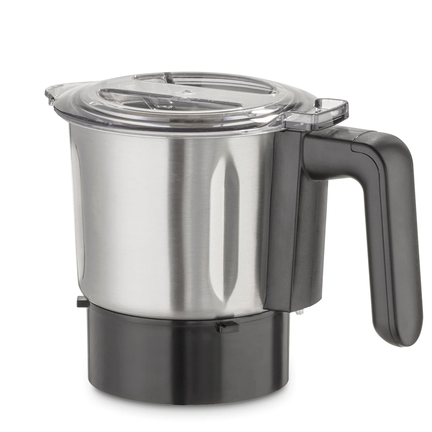 Stainless steel blender with black handle and lid, isolated on white background