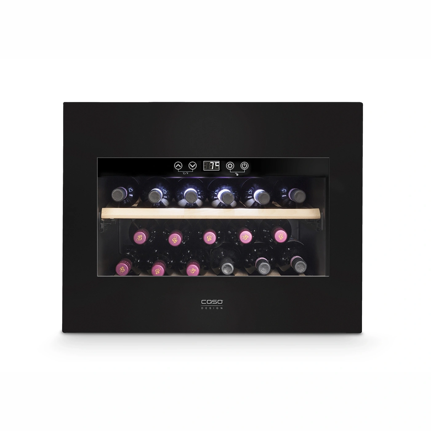 Schwarzer Weinkühlschrank mit Weinflaschen und Temperaturanzeige, COSO Design.