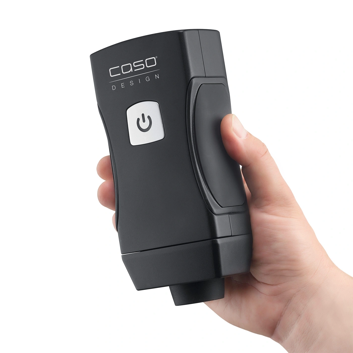 Black device with power button, held by hand, Caso Design logo visible.