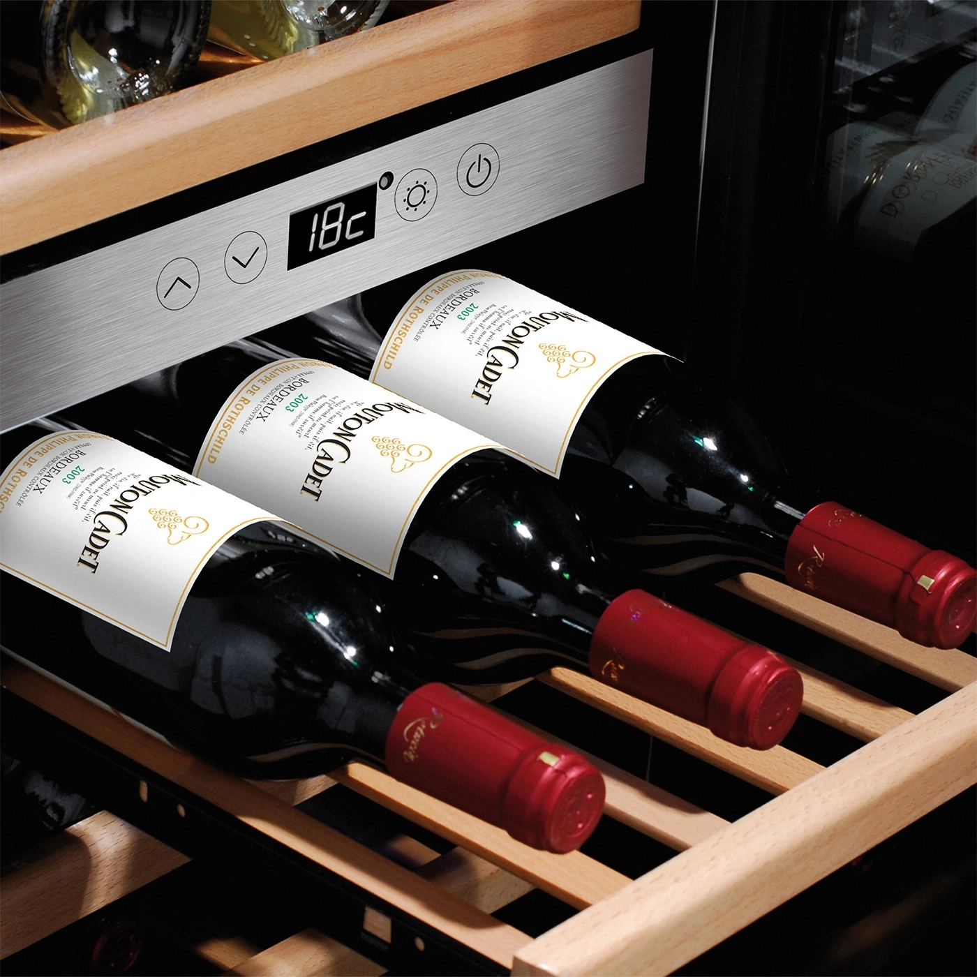 Wine cooler with wine bottles, temperature display, wooden racks, and red capsules.