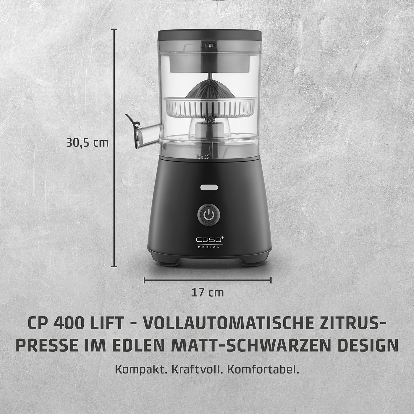 Citrus juicer, black, 30.5 cm high, 17 cm wide, CP 400 LIFT, Caso Design, compact, powerful, comfortable.