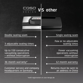 Comparison Caso Design vs. Others: Double seal, 36 months warranty, headquarters in DE.