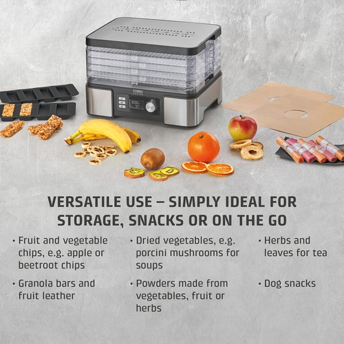 Food dehydrator with fruits and vegetables for snacks and storage