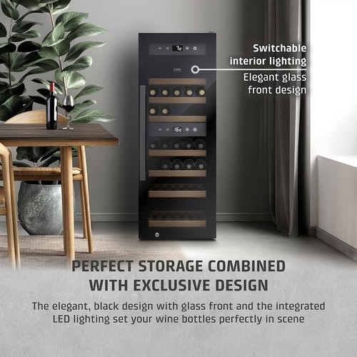 Wine cooler with glass front and lighting, elegant design, wine storage