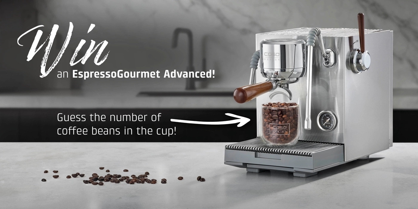 An espresso machine with a cup of coffee beans and a request to guess the number.