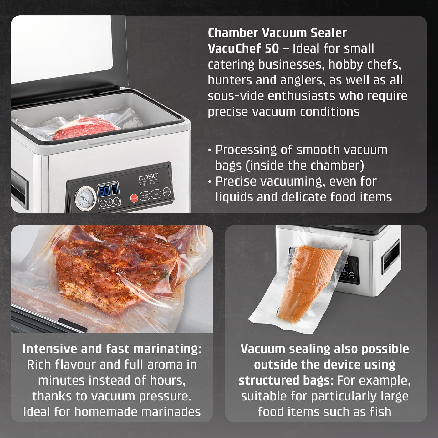 VacuChef 50 vacuum sealer: Ideal for gastronomy, hobby chefs, hunters, anglers, and sous vide enthusiasts.