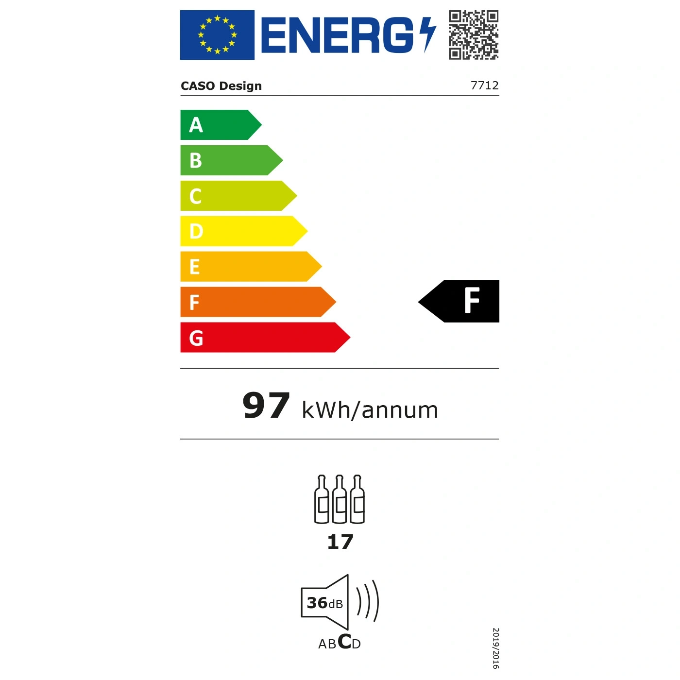 Energy efficiency label for a CASO Design appliance, energy class F, with 97 kWh/annum.