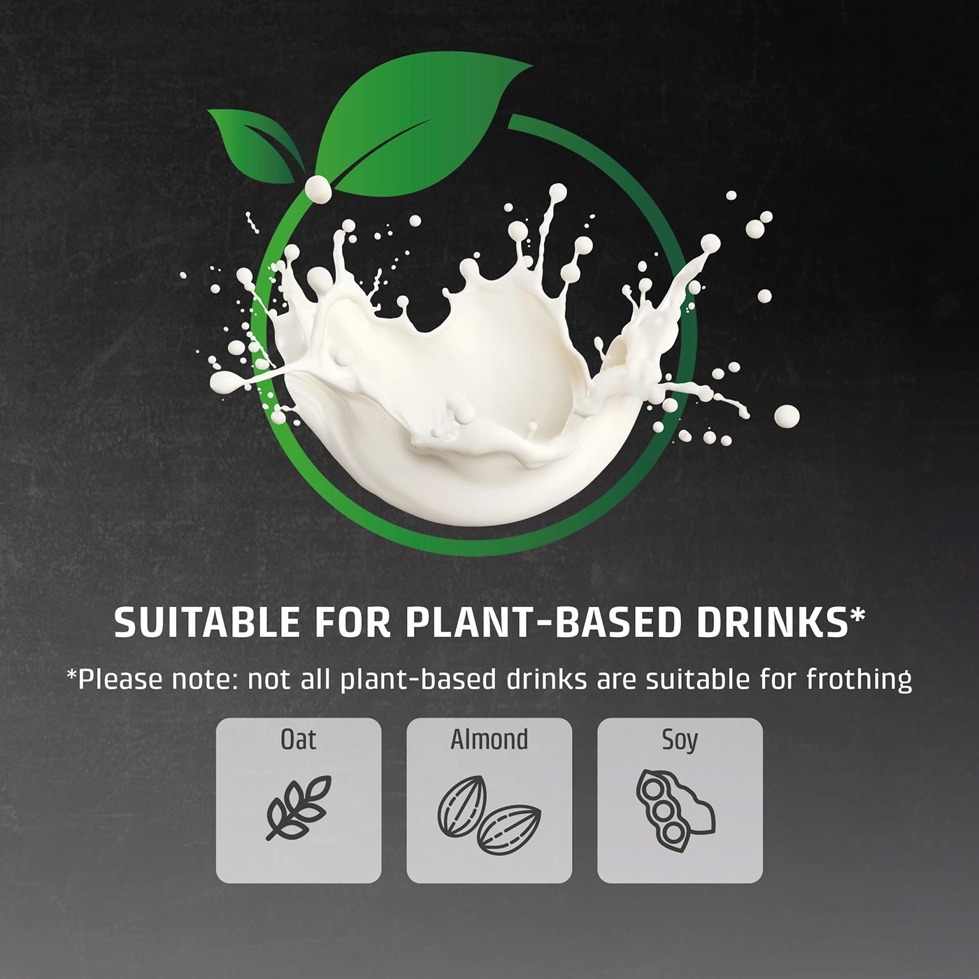 Advertising for plant drinks: oats, almonds, soy, suitable for frothing.