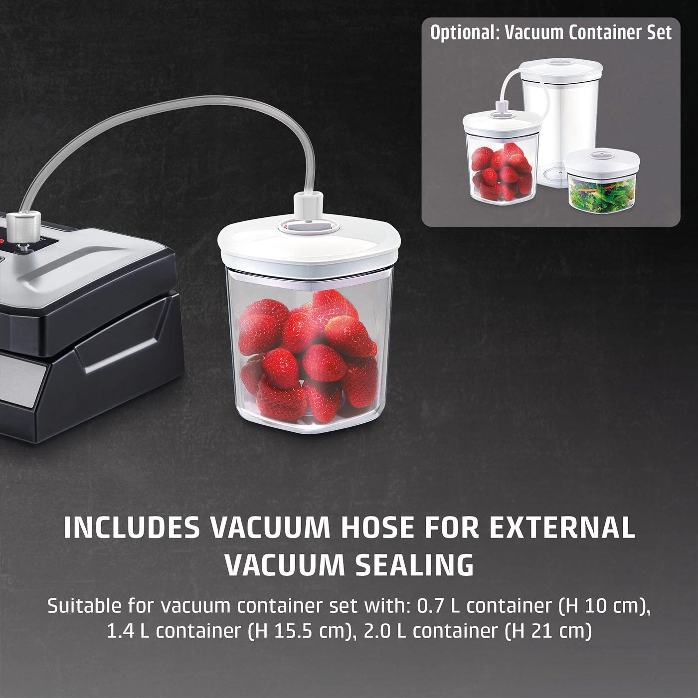 Vacuum sealer with hose and container of strawberries