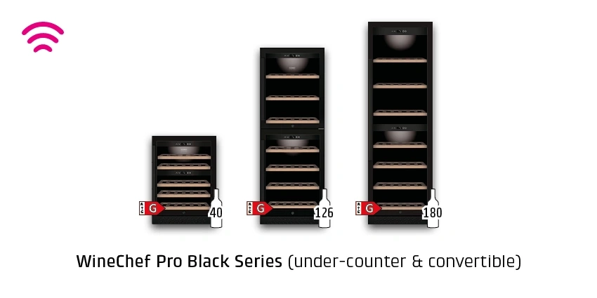 WineChef Pro Black Series wine coolers with capacities of 40, 126, and 180 bottles.