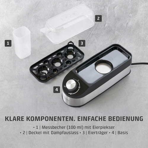 Ein Dampfgarer mit vier nummerierten Komponenten und deutscher Beschriftung.