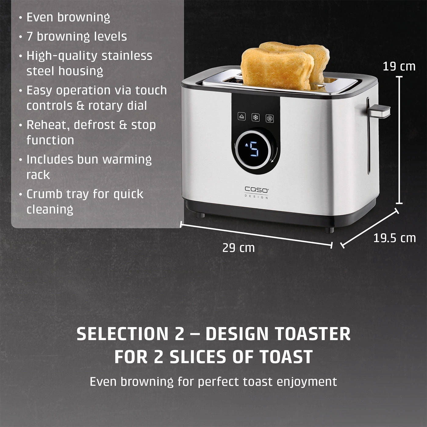 A silver toaster with two toast slices, German product features and dimensions.