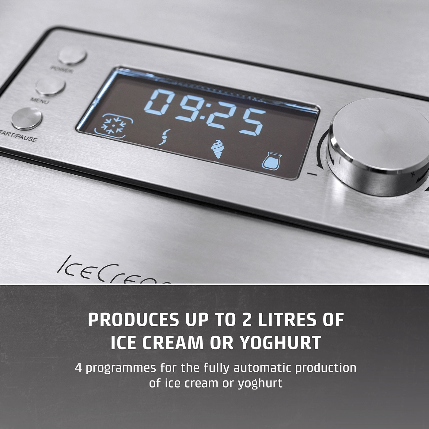 Ice cream maker with display, ice cream and yogurt production, 30-60 minutes.