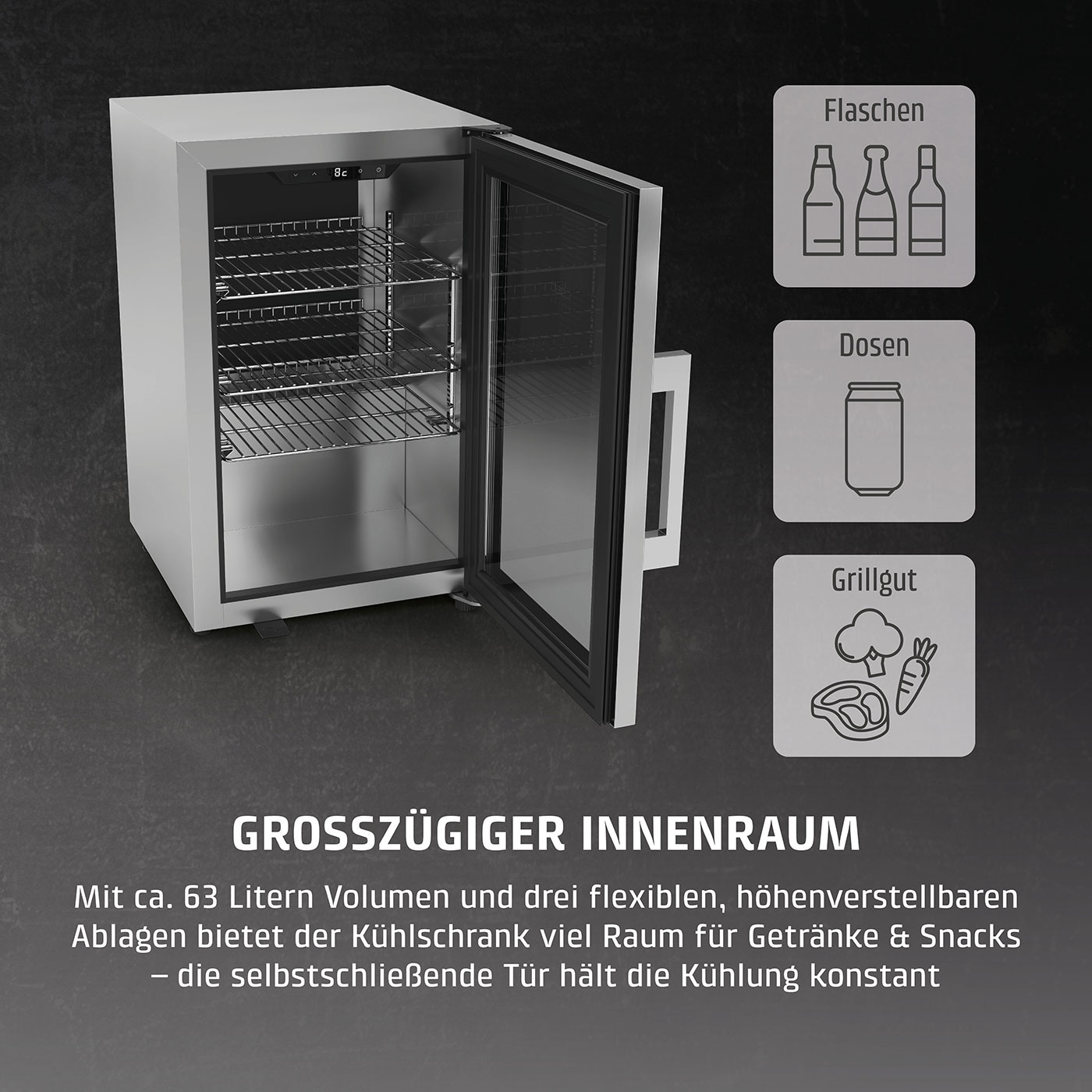 Kühlschrank mit offenem Tür, Flaschen, Dosen, Grillgut, großzügiger Innenraum, 63 Liter Volumen.