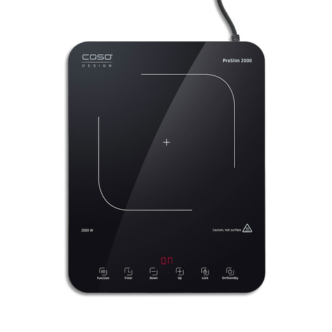 Black induction cooktop with control panel, ProSlim 2000, 2000W, warning, buttons, design.