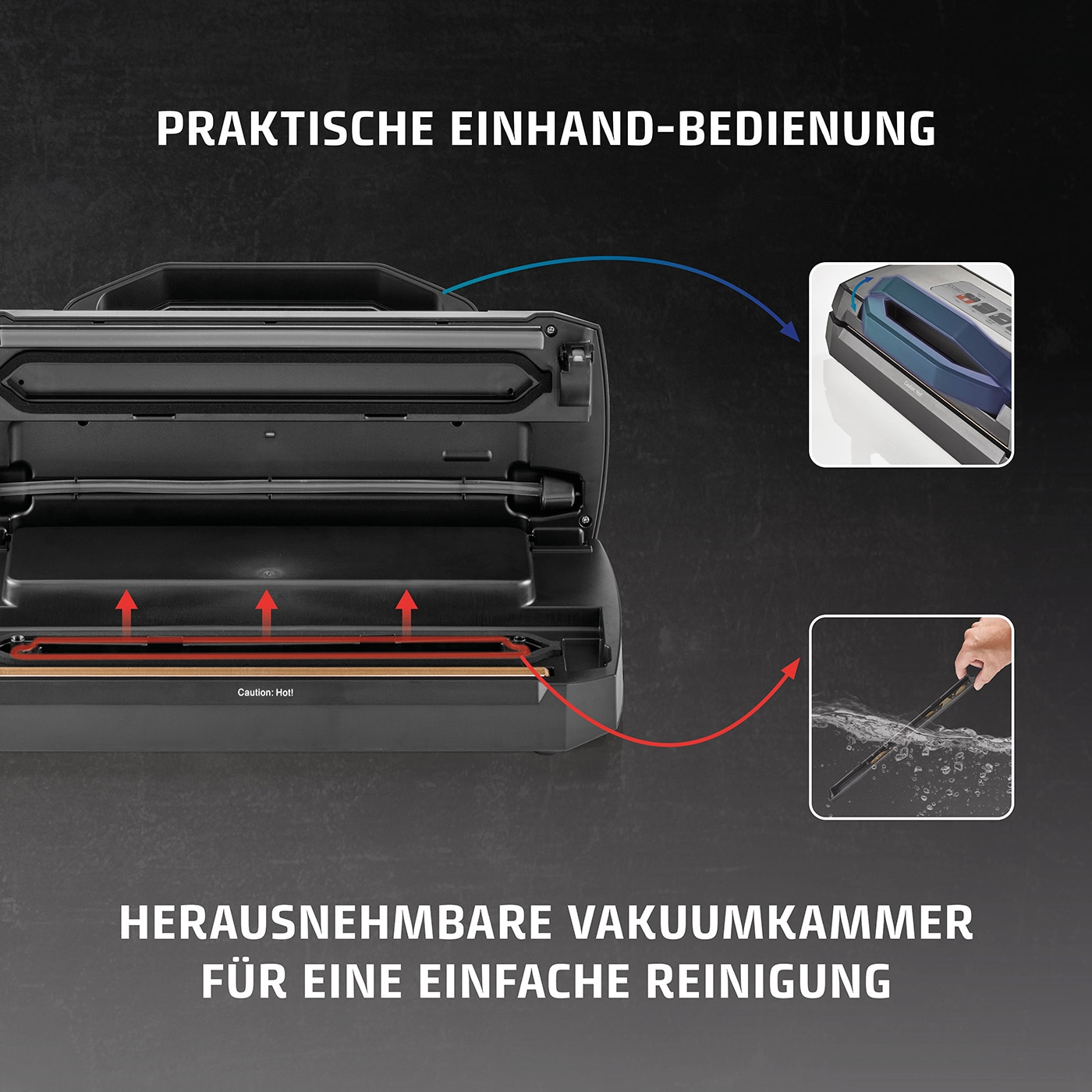 Vacuum sealer with one-hand operation and removable vacuum chamber for easy cleaning.