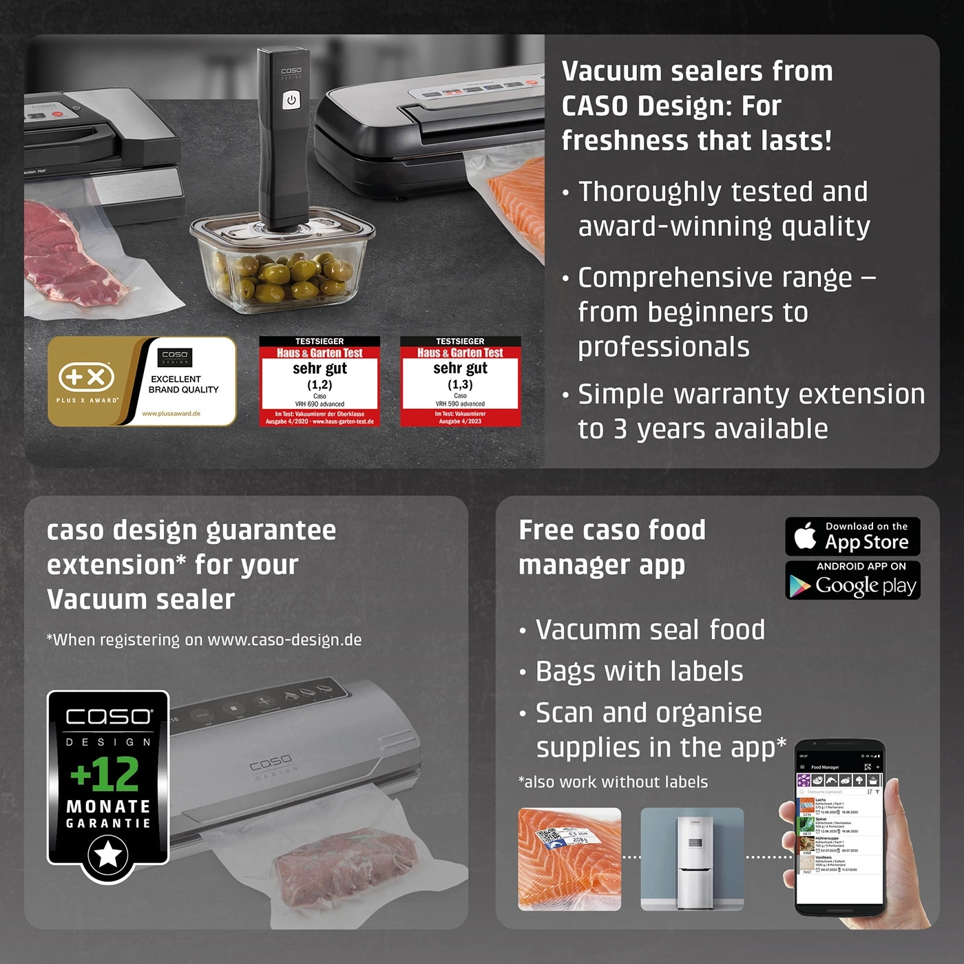 Caso Design vacuum sealer, food, app, warranty, test, design, freshness, label, Google Play, App Store