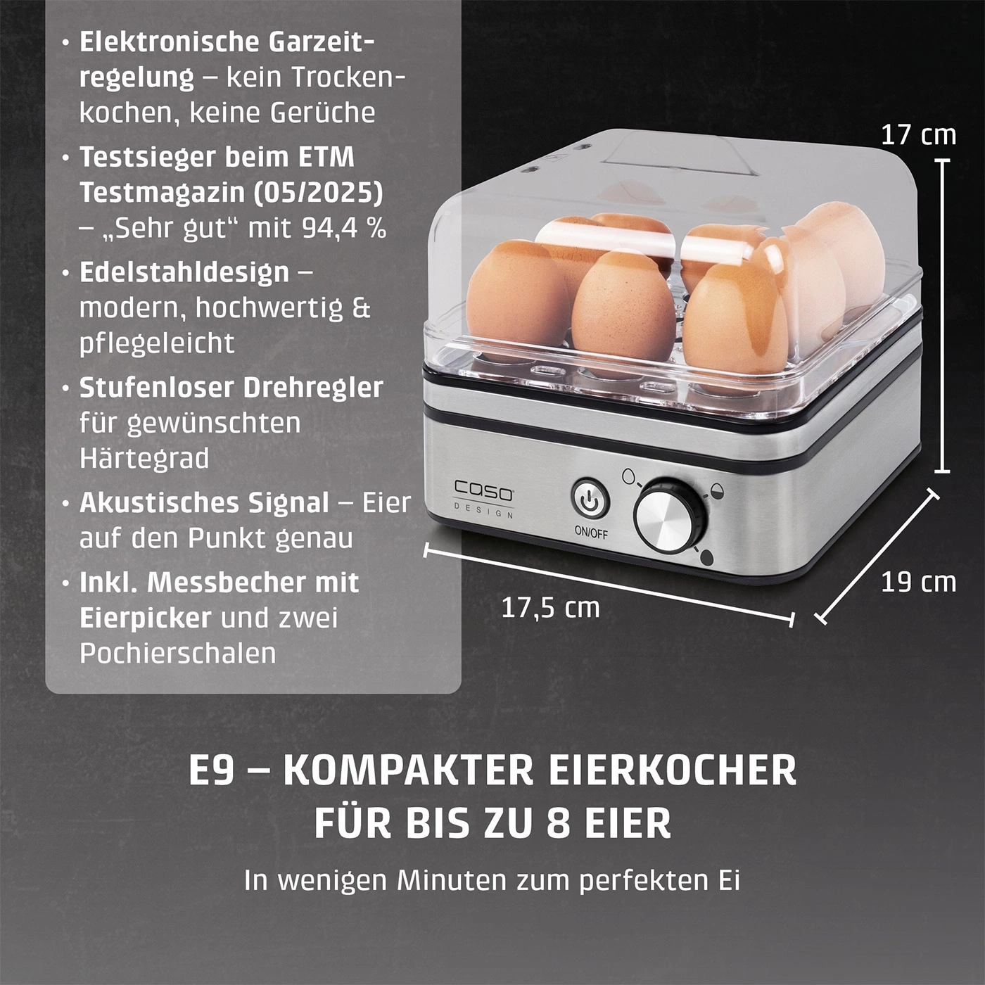 Ein Eierkocher für bis zu 8 Eier mit Edelstahl-Design und Messbecher.
