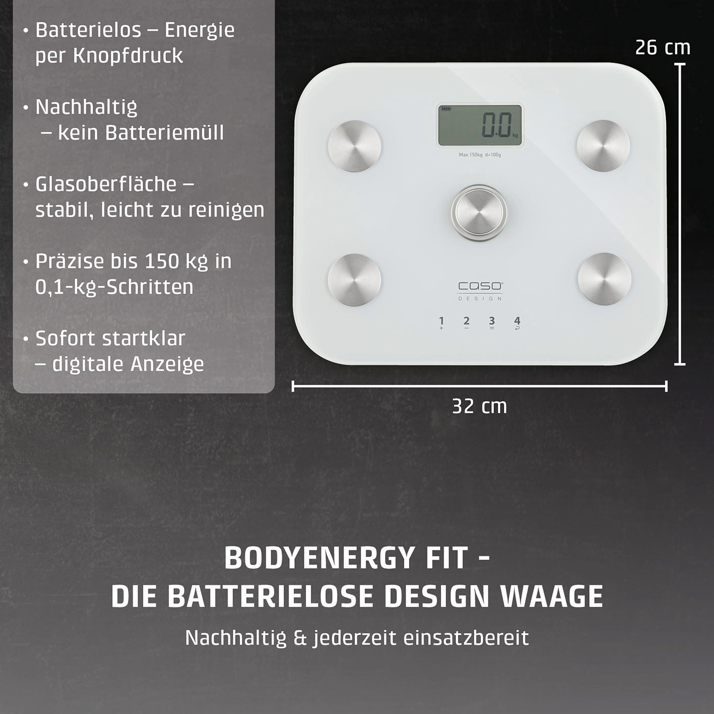 Eine weiße Körperwaage mit den Maßen 32 cm x 26 cm und einem digitalen Display.