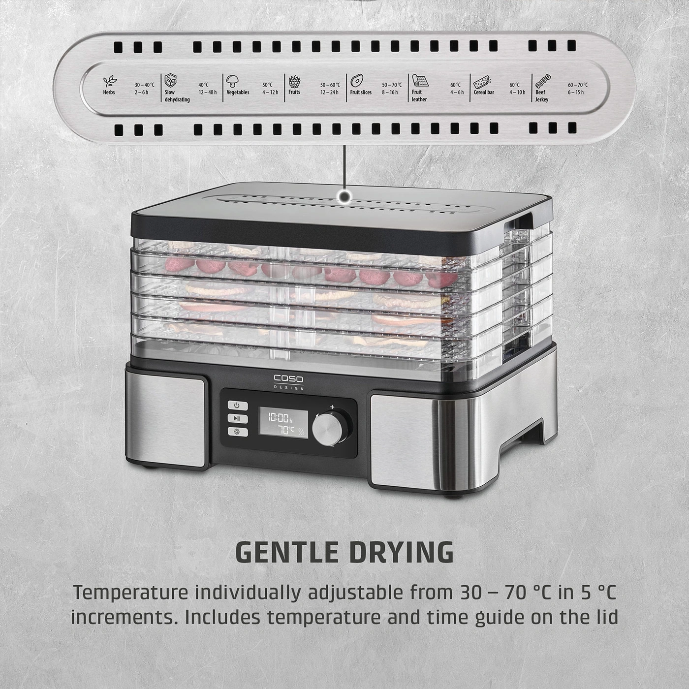 Food dehydrator with temperature and time settings for various food items.
