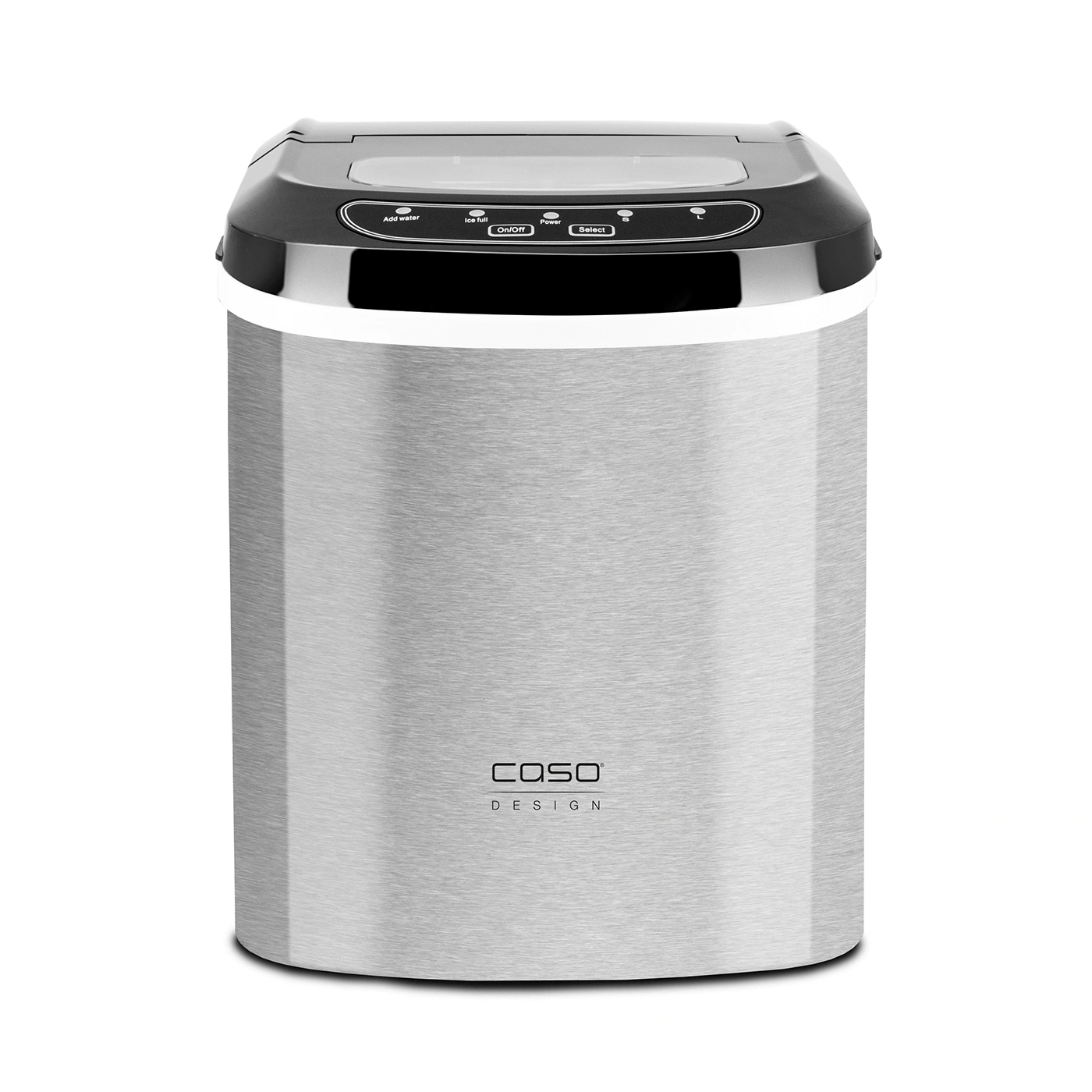Stainless steel ice cube maker with control panel and Caso Design logo