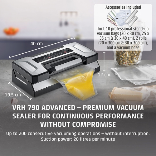 Vacuum sealer with accessories, dimensions, text, product description, vacuum bags, food