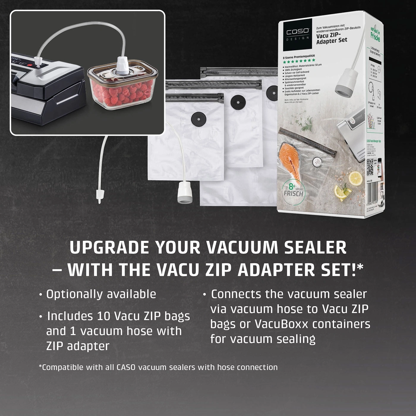 Caso Vacu Zip Adapter Set with vacuum bags and hose.