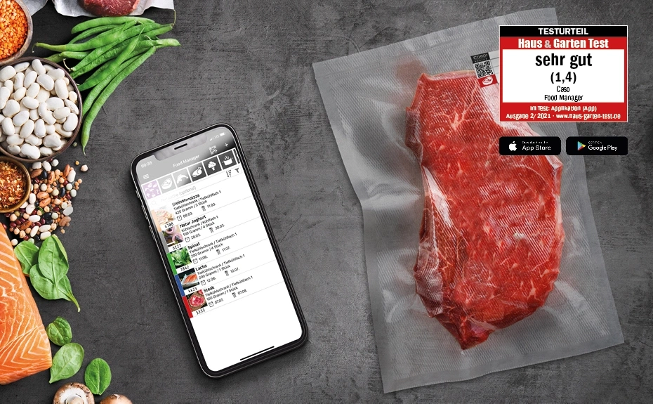 Smartphone with Food Manager app, meat, vegetables, rating 'very good'