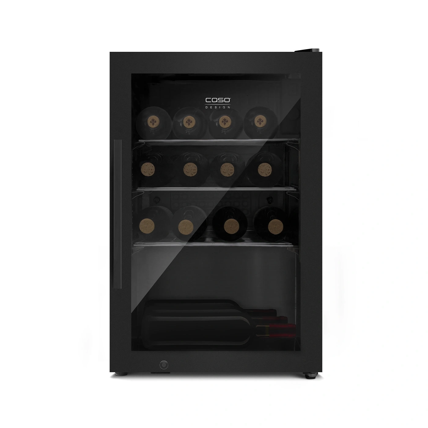 Black wine cooler with glass front, filled with wine bottles, Caso Design logo