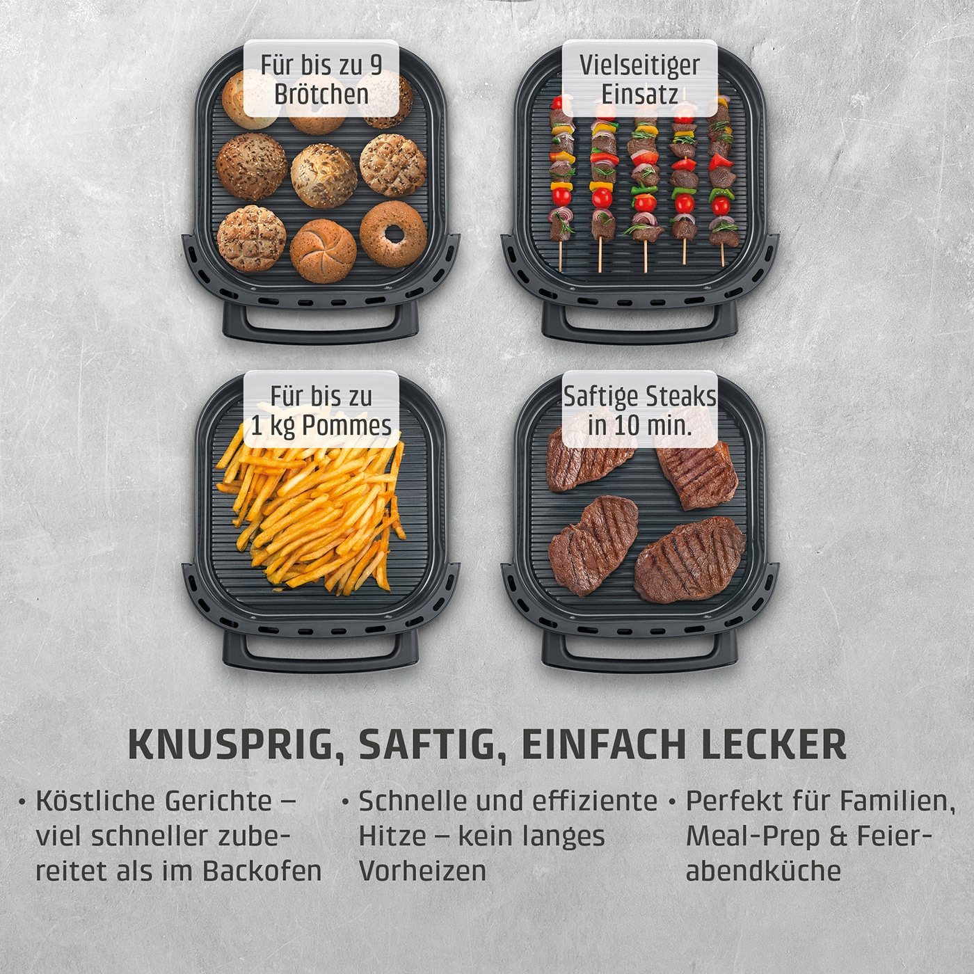 Grill mit Brötchen, Spießen, Pommes und Steaks