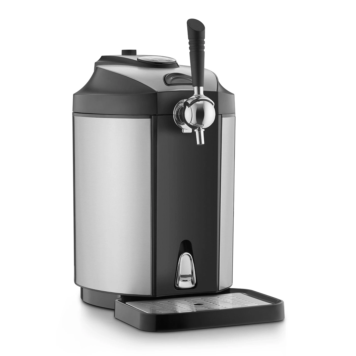 Beer cooler with tap, stainless steel and black design, for home use.