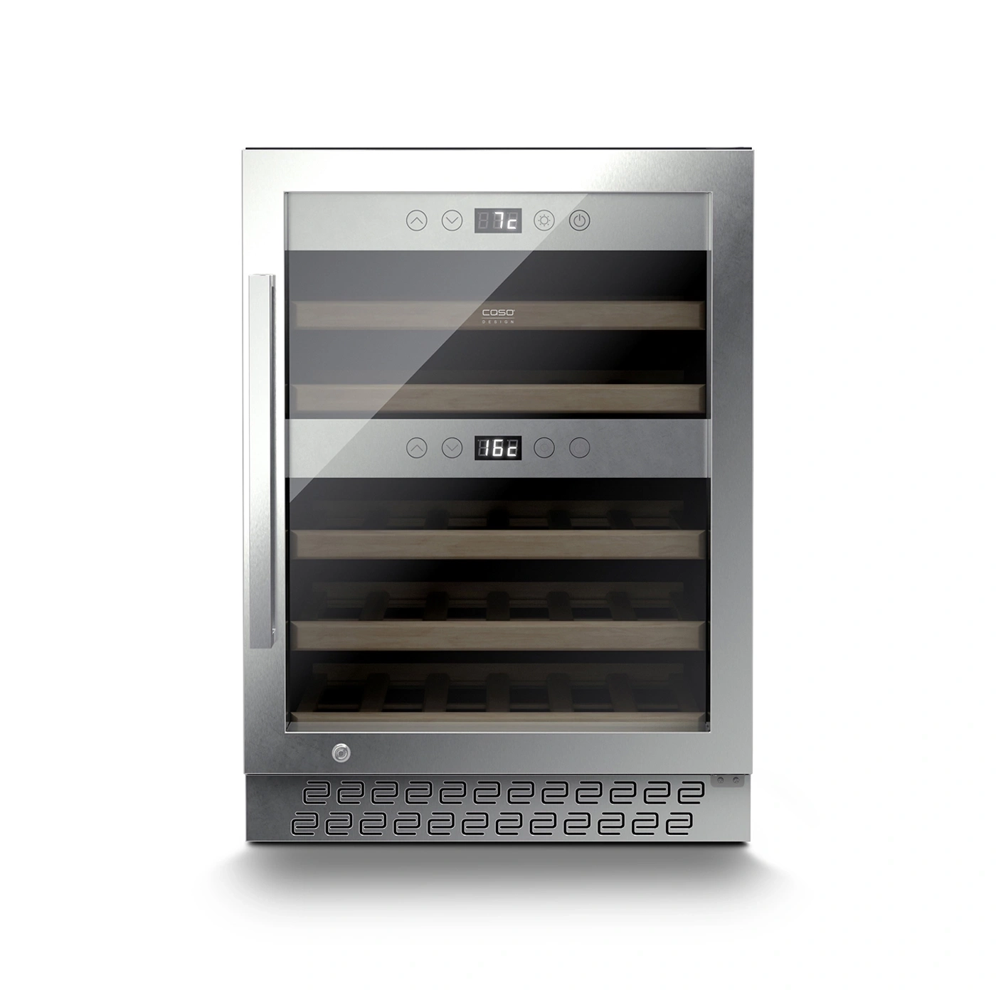 Weinkühlschrank mit Temperaturanzeige und Holzregalen, Edelstahl