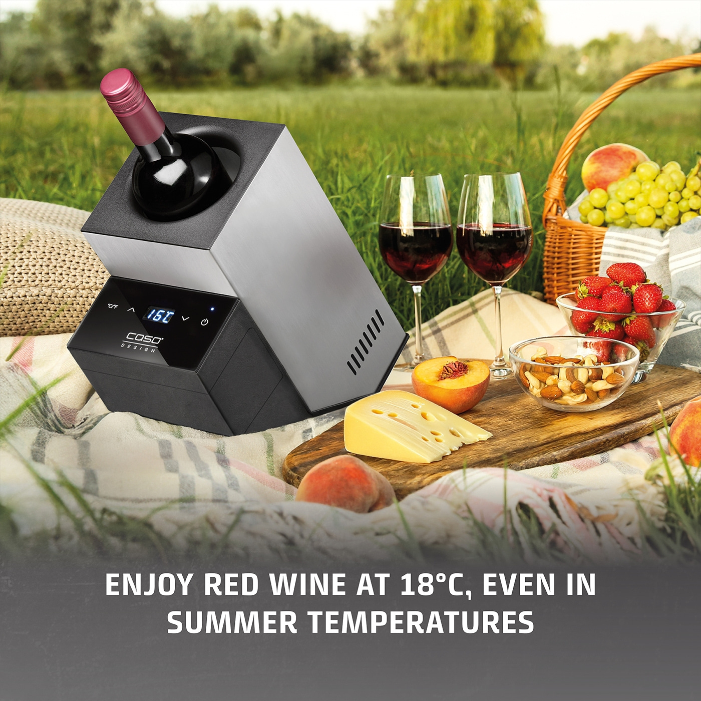 Outdoor wine cooler with picnic accessories and text. Enjoy red wine at 18°C. Perfect for summer.