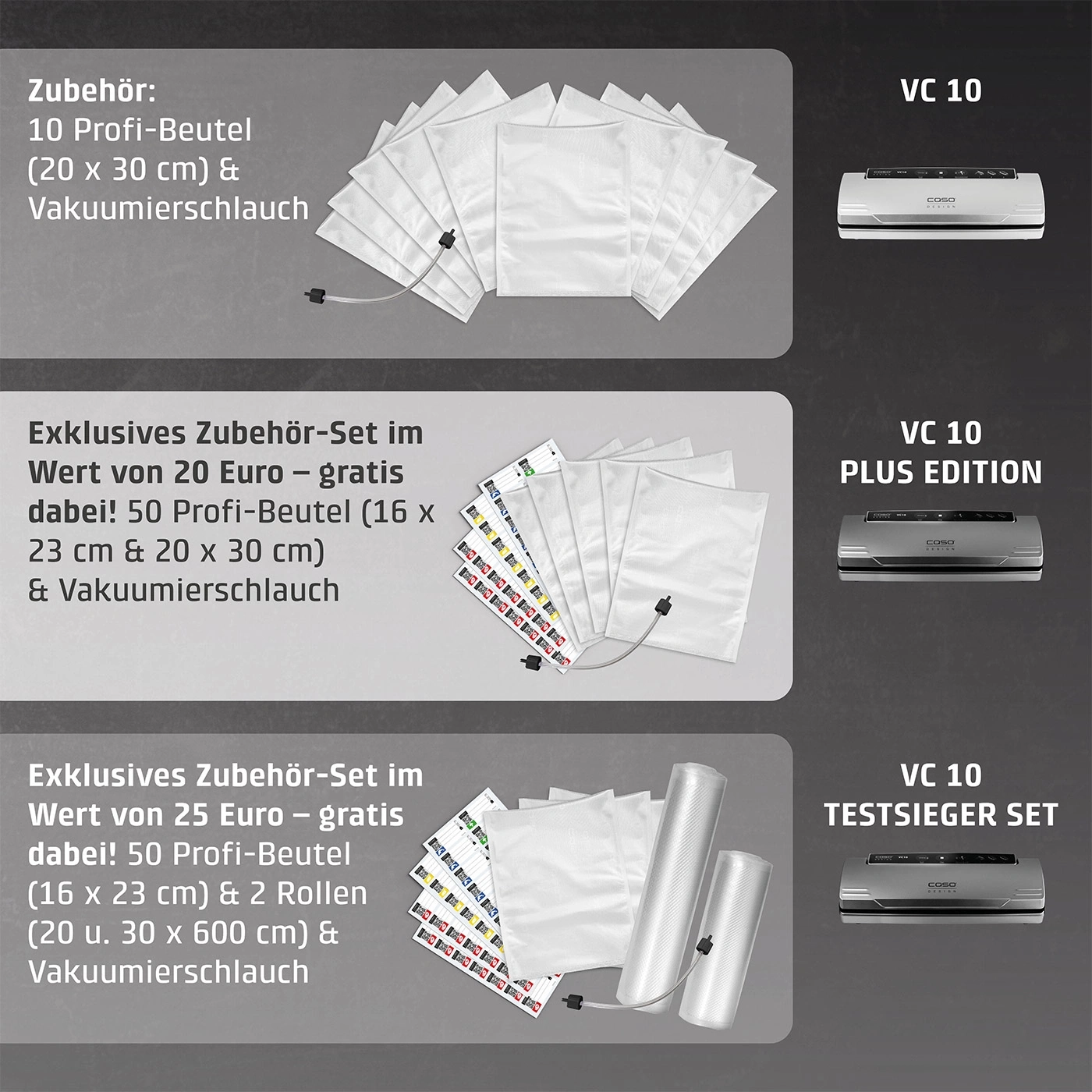Vakuumierer-Zubehör-Sets: VC 10, Plus Edition, Testsieger Set mit Beuteln und Schläuchen.