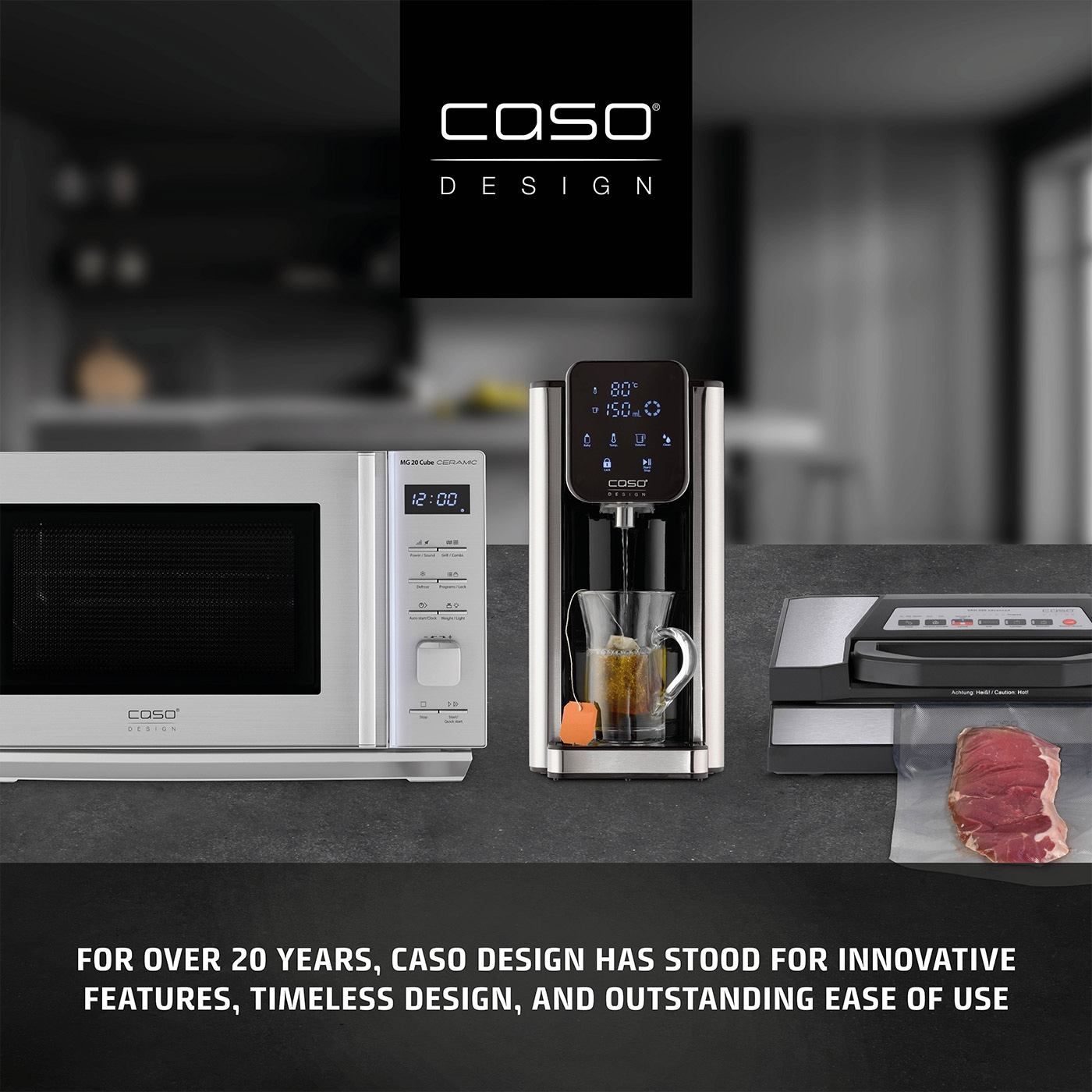 CASO Design kitchen appliances: microwave, kettle, vacuum sealer, and meat.