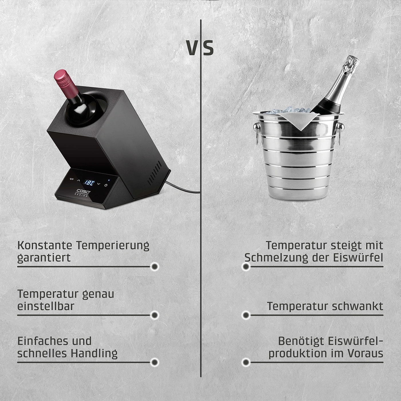 Wein-Kühler vs. Eis-Eimer: Temperaturkontrolle, einfache Handhabung, vs. Eiswürfel