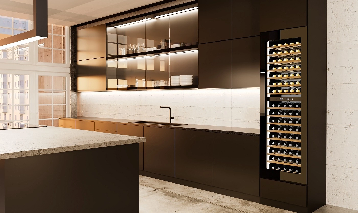 Modern kitchen with wine cooler, cabinets, and island. Elegant design and style.