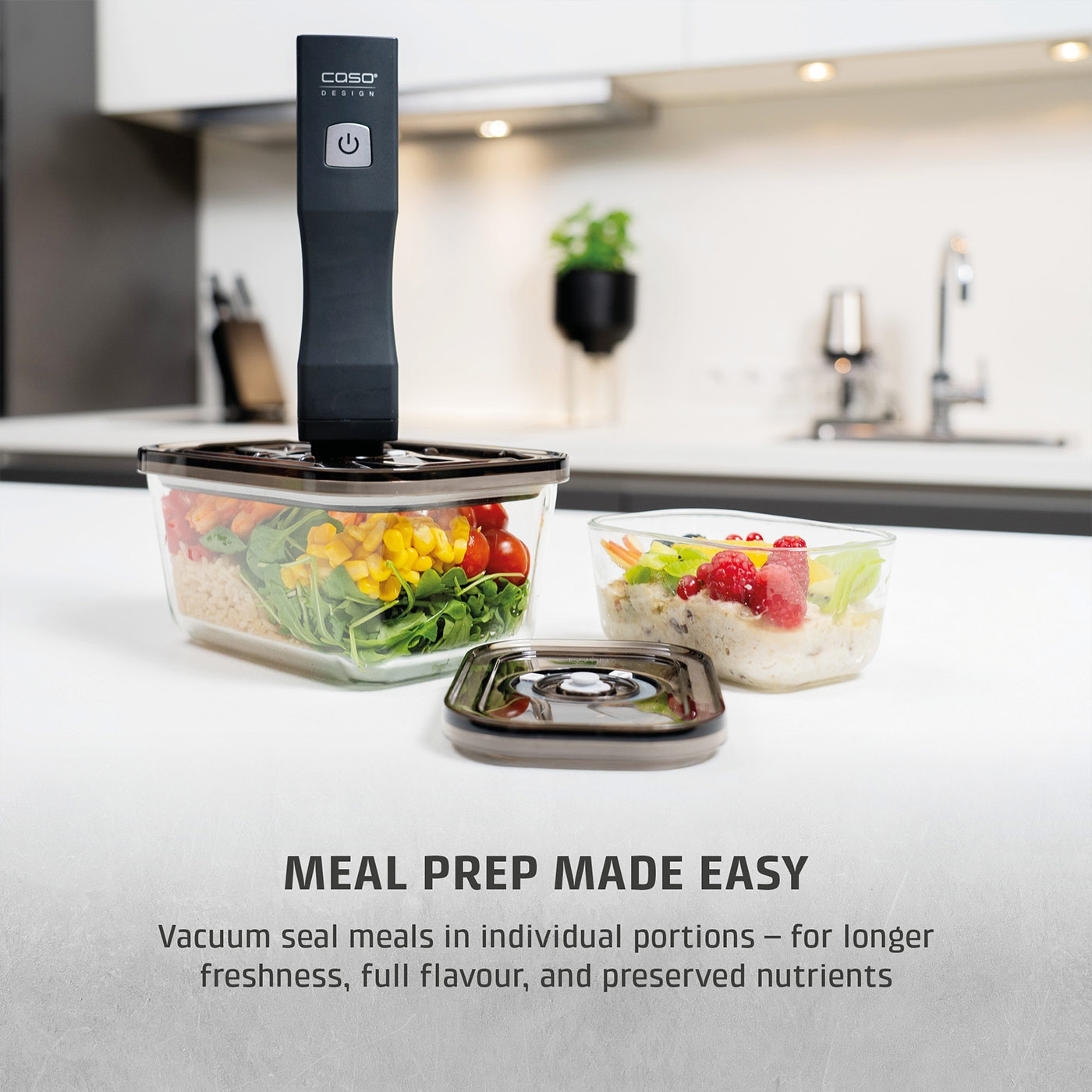 Vacuum sealer with containers for meal prep, fresh meals, kitchen, food