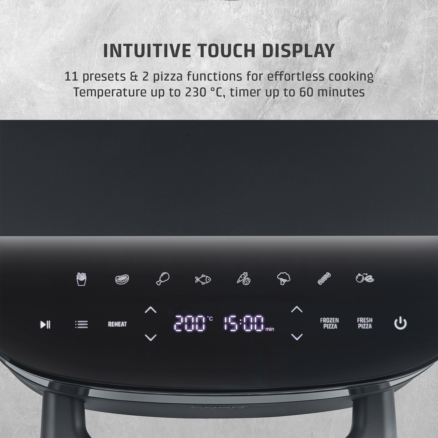 Air fryer with touch display and preset programs.
