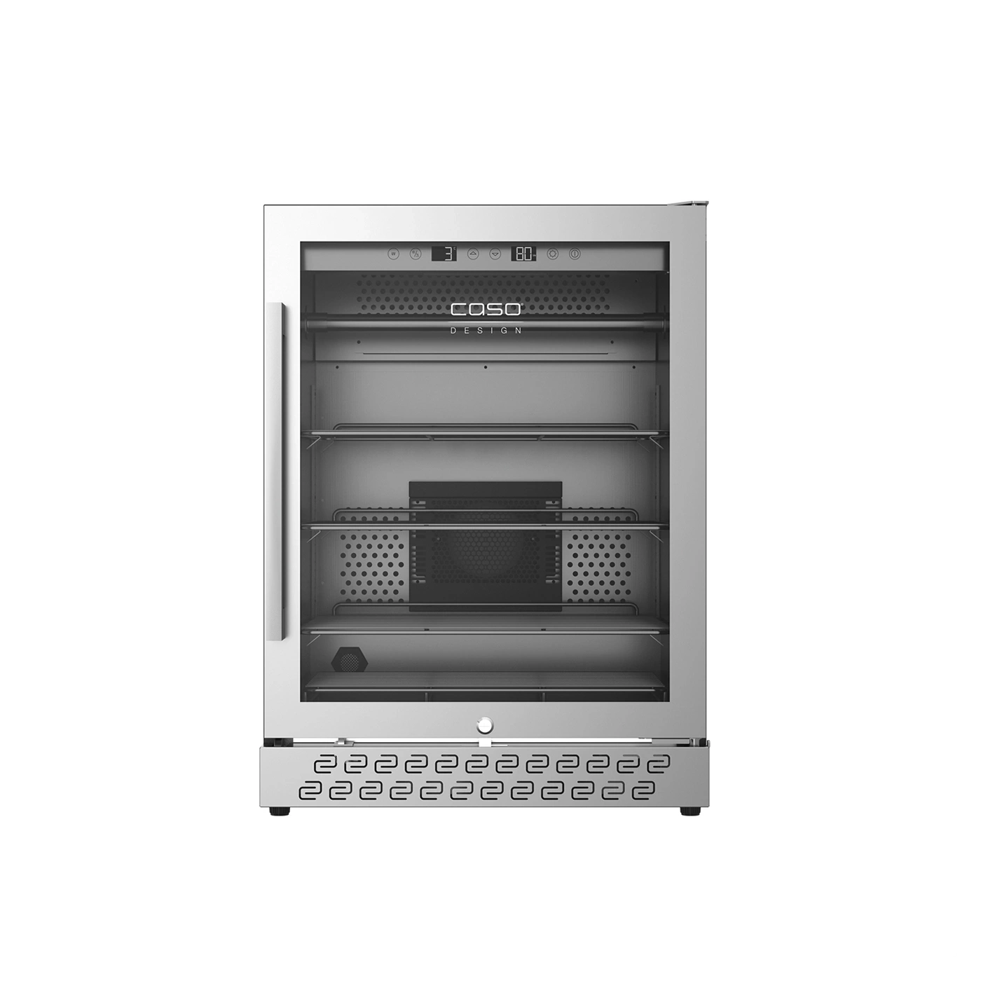 Stainless steel refrigerator with glass door, Caso Design, temperature display, interior