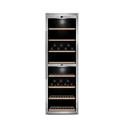 A silver wine cooler with a glass door and wooden shelves, filled with wine bottles.