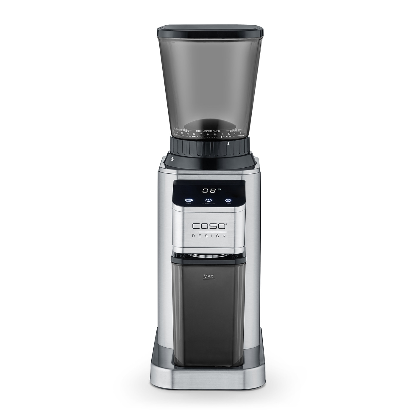 Kaffeemühle, Caso Design, Edelstahl, digital, Mahlgrad, Bohnenbehälter, Timer, Start/Stop, Mahlwerk