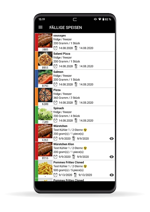 Liste von Lebensmitteln mit Haltbarkeitsdaten auf einem Smartphone-Bildschirm.