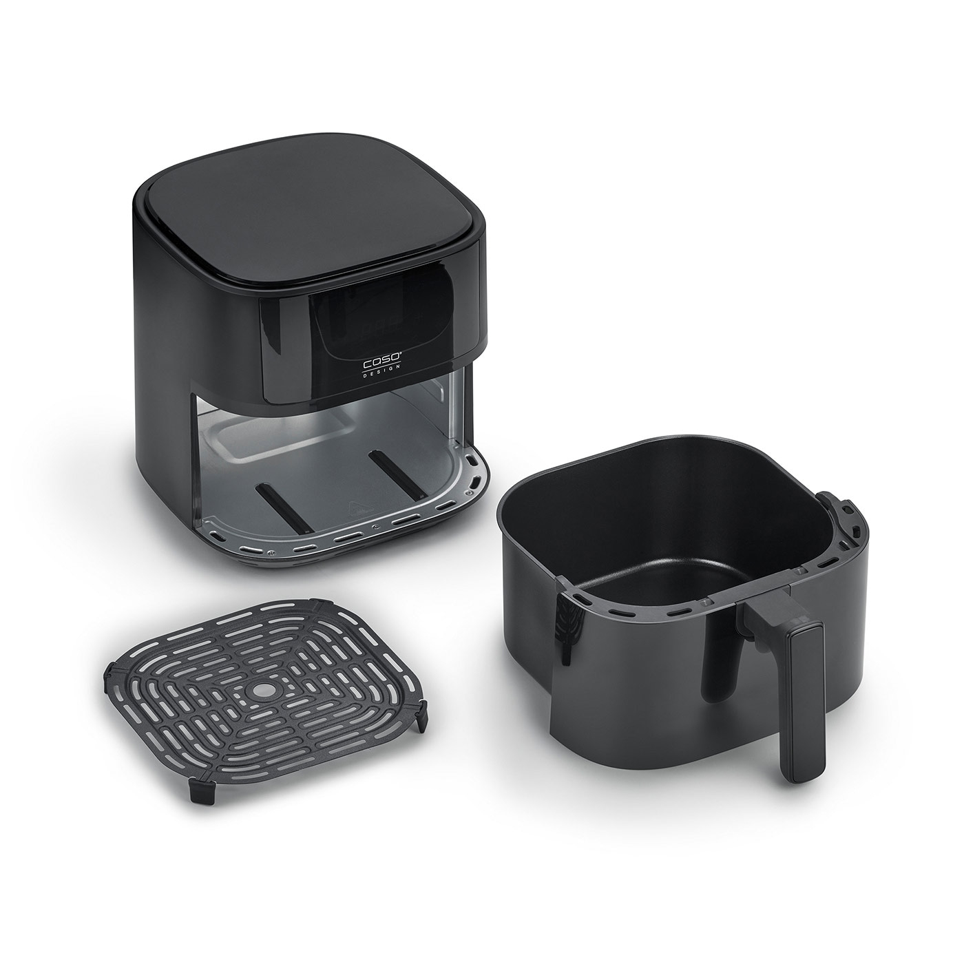 Black air fryer with removable parts on a white background, isolated.